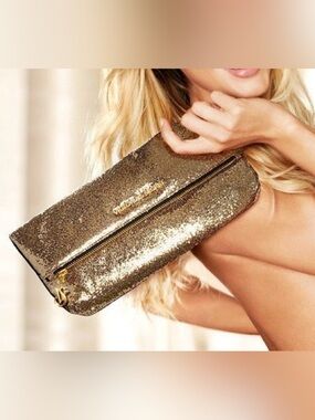 VICTORIA'S SECRET Clutch Gold Glitter Fold Over Pouch Bag w/ Mirror Glam Y2K NEW